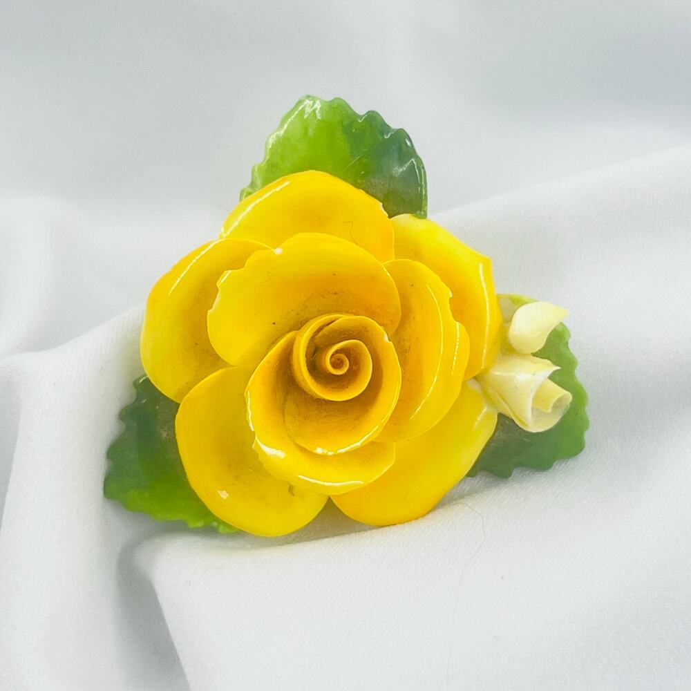 Vintage England Staffordshire Bone China Yellow Rose Brooch Romantic Cottagecore